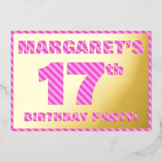 17e verjaardag — Vet, vuurtje, roze band # 17 Folie Uitnodiging (Voorkant)