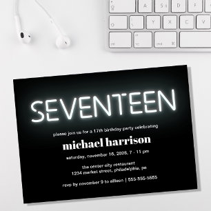 17e verjaardag White Neon Lights Party Kaart