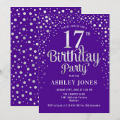 17e verjaardagsfeest - Paarse & zilveren Kaart (Voorkant / Achterkant)