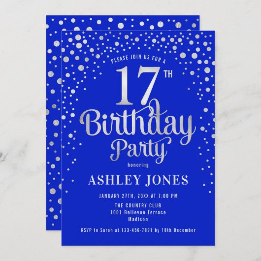 17e Verjaardagsfeest - Royal Blue & Silver Kaart (Voorkant / Achterkant)