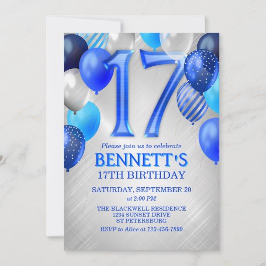 17ème Ado Boy Blue Invitation d'anniversaire (Devant)