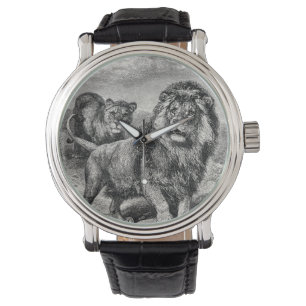  1800s Lion Lionesse Big Cat Illustration Horloge