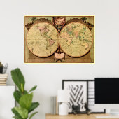 1808 Kapitein Cook's Wereldkaart met twee halve ma Poster (Thuiskantoor)