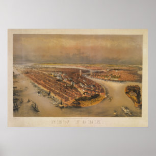 1847 New York City Bird's Eye Uitzicht Map Poster