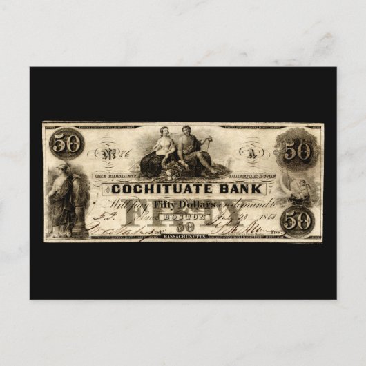 1853 Cochituate 50 dollar biljet Briefkaart (Voorkant)