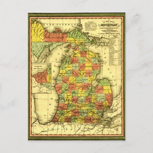 1853 Vivid Map van Michigan Show ware trouw MI Briefkaart (Voorkant)