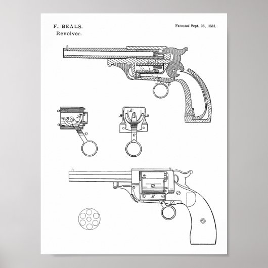 1854 Pistool Revolver Patent Art Drawing Print (Voorkant)