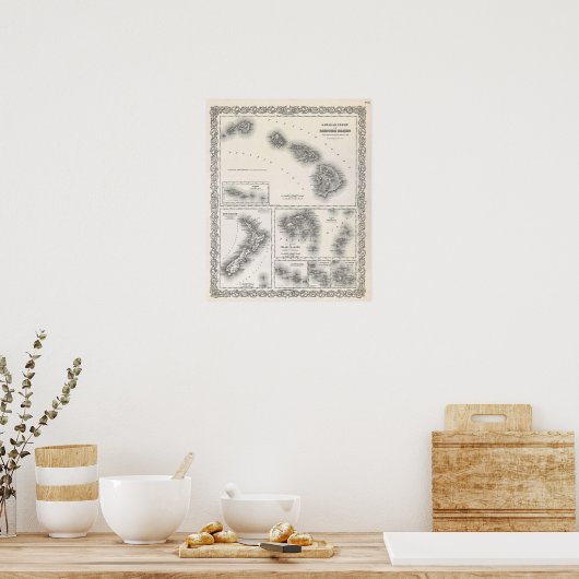 1855 Colton Map of Hawaii and New Zealand Poster (Keuken)