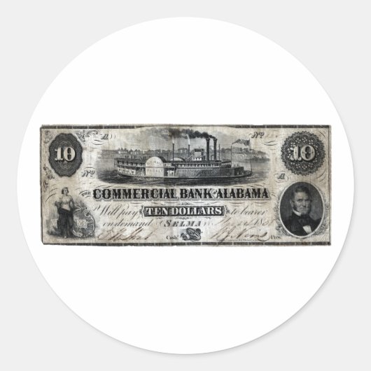 1858 Alabama tiendollarbiljet Ronde Sticker (Voorkant)