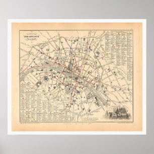 1858 Kaart: Itineraire des Omnibus dans Paris Fran Poster