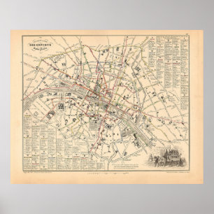 1858 Kaart: Itineraire des Omnibus dans Paris Fran Poster