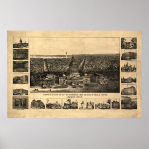 1860-90 Washington DC Birds Eye Uitzicht Panorama Poster