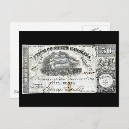 1862 North Carolina 50 Cent Note Briefkaart (Voorkant / Achterkant)