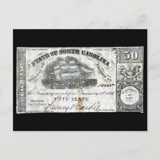 1862 North Carolina 50 Cent Note Briefkaart (Voorkant)