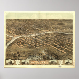 1868 Des Moines, IA Birds Eye Uitzicht Panorama Poster