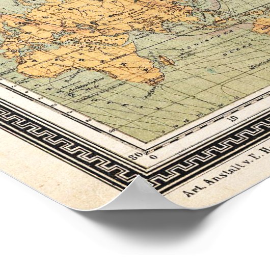 1870 Baur en Bromme Wereldkaart Mercator Projectio Poster (Hoek)