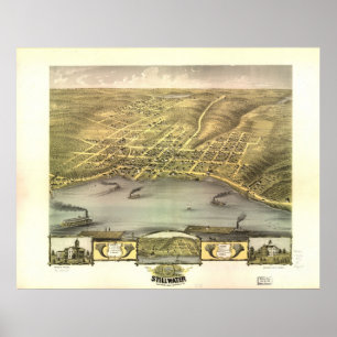 1870 Stillwater, MN Birds Eye Uitzicht Panorama Poster