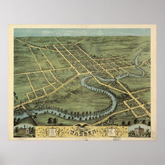 1870 Warren, OH Birds Eye Panoramic Map Poster (Voorkant)