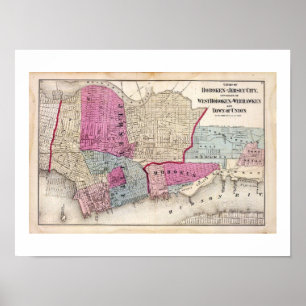 1872 REPRO  Map Hoboken NJ Poster