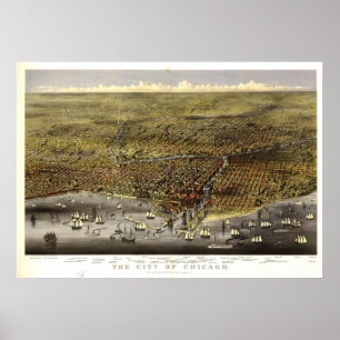 1874 Chicago, IL Birds Eye Uitzicht Panoramic Map Poster