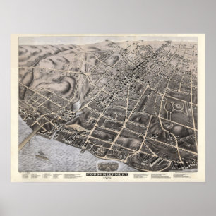 1874 Poughkeepsie, NY Birds Eye Uitzicht Panorama Poster