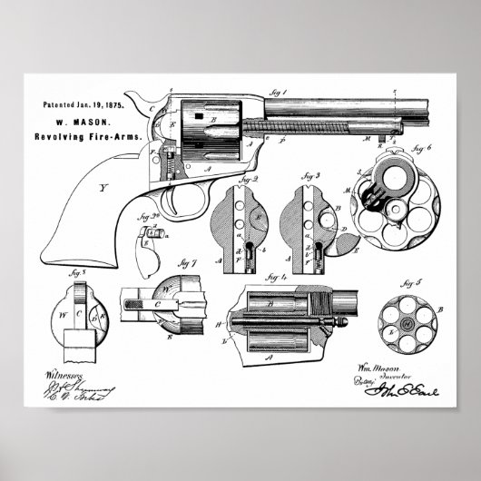 1875 Pistool Revolver Patent Art Drawing Print (Voorkant)