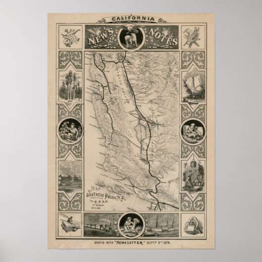 1876 Map of California Poster (Voorkant)