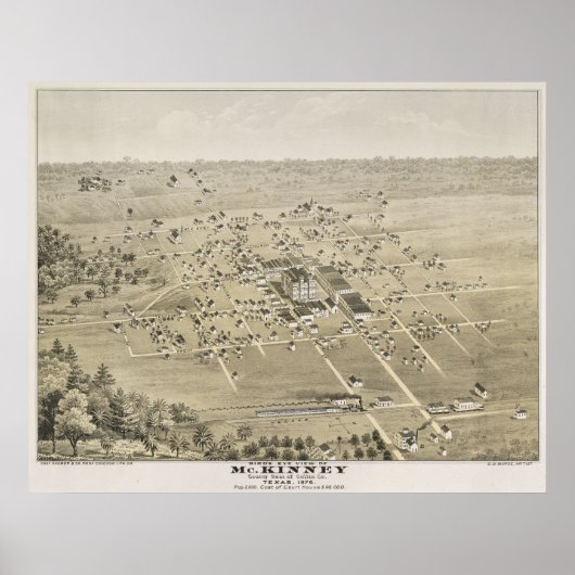 1876 McKinney, TX Bird's Eye Uitzicht Panoramic Ma Poster (Voorkant)