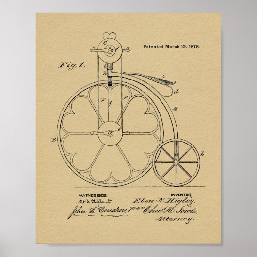 1878  High Wheeler Bicycle Patent Art Print (Voorkant)