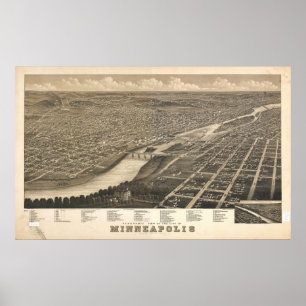1879 Minneapolis, MN Birds Eye Uitzicht Panorama Poster