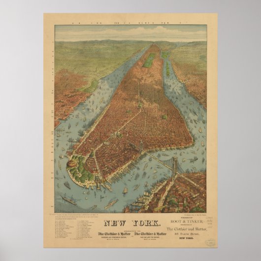 1879 New York City NY Birds Eye Uitzicht Panoramic Poster (Voorkant)