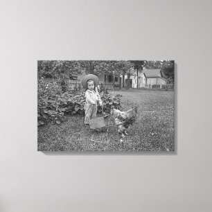 1880's Photograph Girl in Garden Rooster Winkelwag Canvas Afdruk