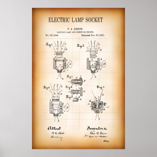 1881 ELEKTRISCHE LAMP SOCKET PATENT POSTER (Voorkant)