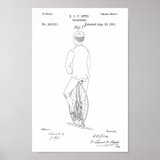 1881  fiets Velocipede-patentafdrukken Poster (Voorkant)