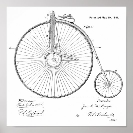 1881 High Wheeler Bicycle Patent Art Print (Voorkant)