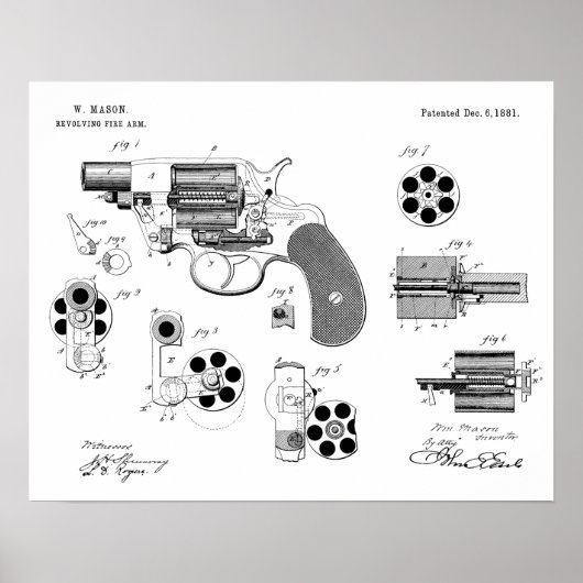 1881 Pistool Revolver Patent Art Drawing Print (Voorkant)