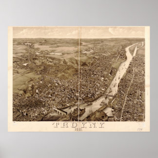 1881 Troy, NY Birds Eye Uitzicht Panoramic Map Poster
