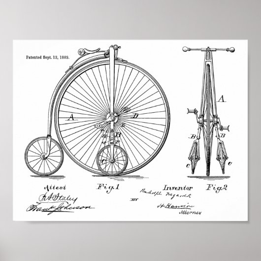 1882 High Wheeler Bicycle Patent Art Print (Voorkant)