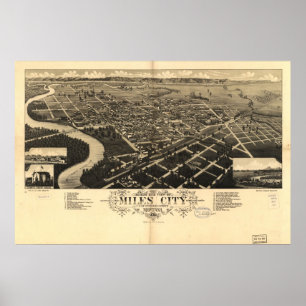 1883 Miles City, MT Birds Eye Uitzicht Panoramic M Poster