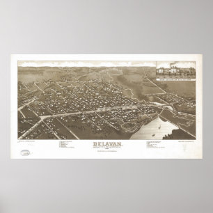 1884 Delavan, WI Birds Eye Panoramic Map Poster