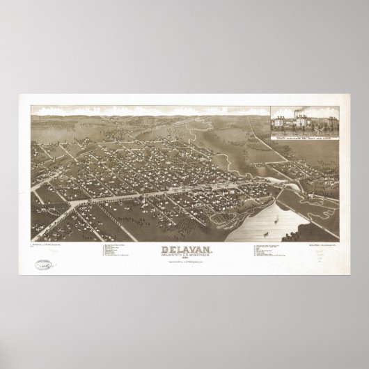 1884 Delavan, WI Birds Eye Panoramic Map Poster (Voorkant)