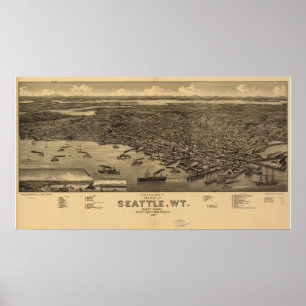 1884 Seattle, WA Birds Eye Uitzicht Panorama Poster