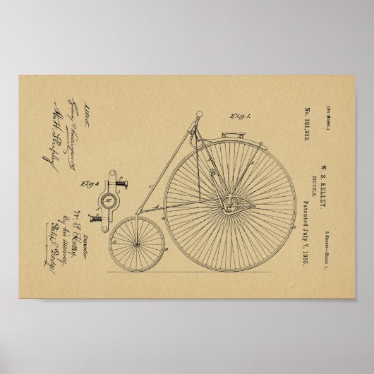 1885  High-Wheel Bicycle Patent Art-afdrukken Poster (Voorkant)