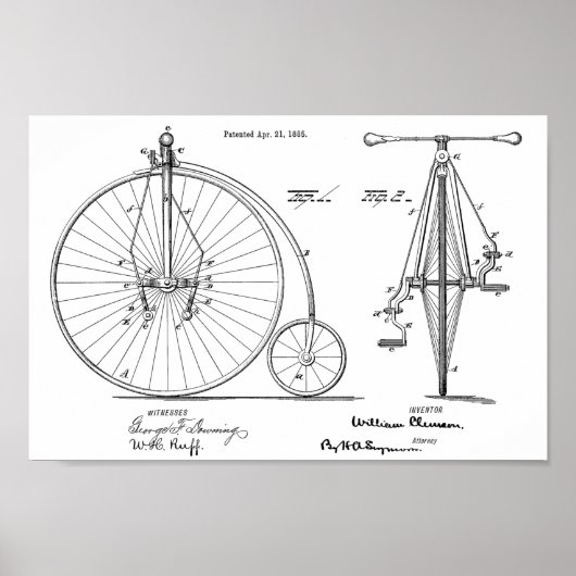 1885 High Wheeler Bicycle Design Patent Art Print (Voorkant)
