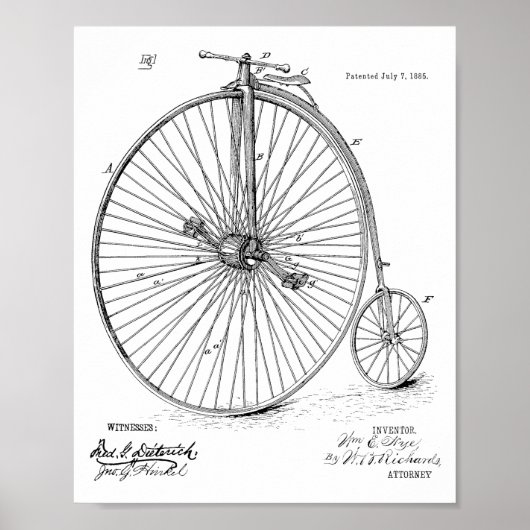 1885 High Wheeler Bicycle Patent Art Print (Voorkant)