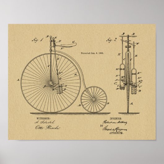 1885  High Wheeler Bicycle Patent Art Print (Voorkant)