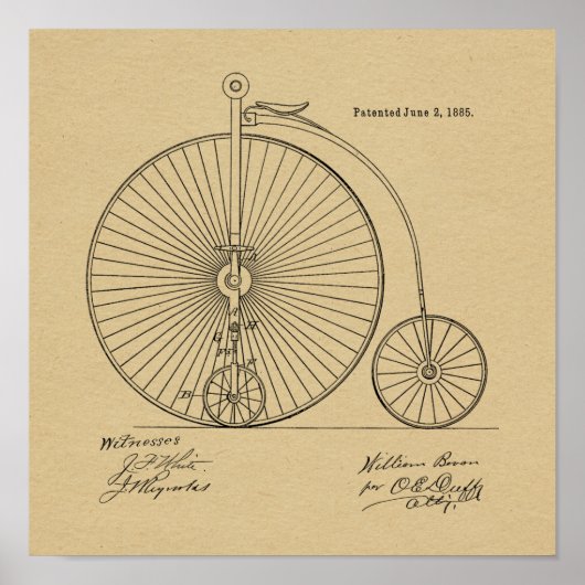 1885  High Wheeler Bicycle Patent Art Print (Voorkant)