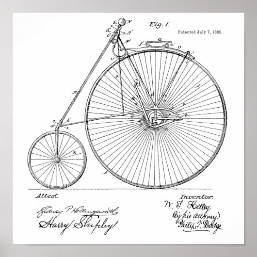 1885 High Wheeler Bicycle Patent Art Print (Voorkant)