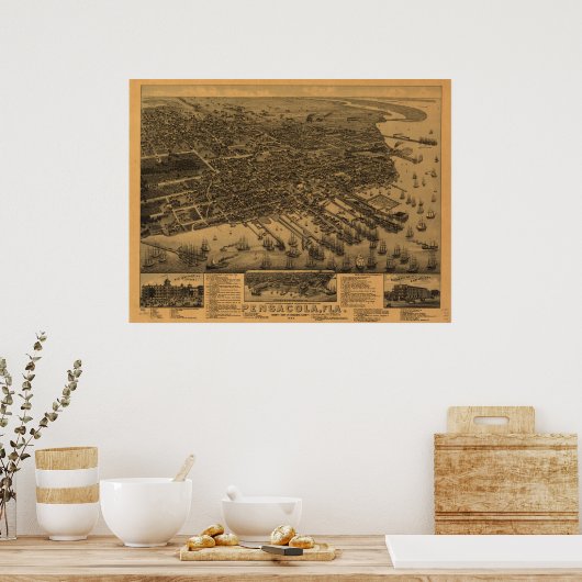 1885 Pensacola, FL Birds Eye Uitzicht Panoramic Ma Poster (Keuken)