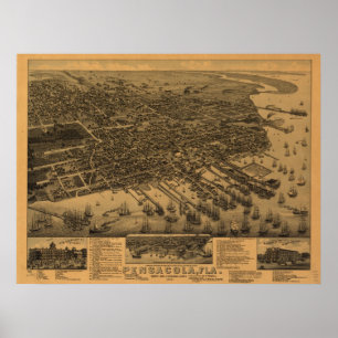 1885 Pensacola, FL Birds Eye Uitzicht Panoramic Ma Poster